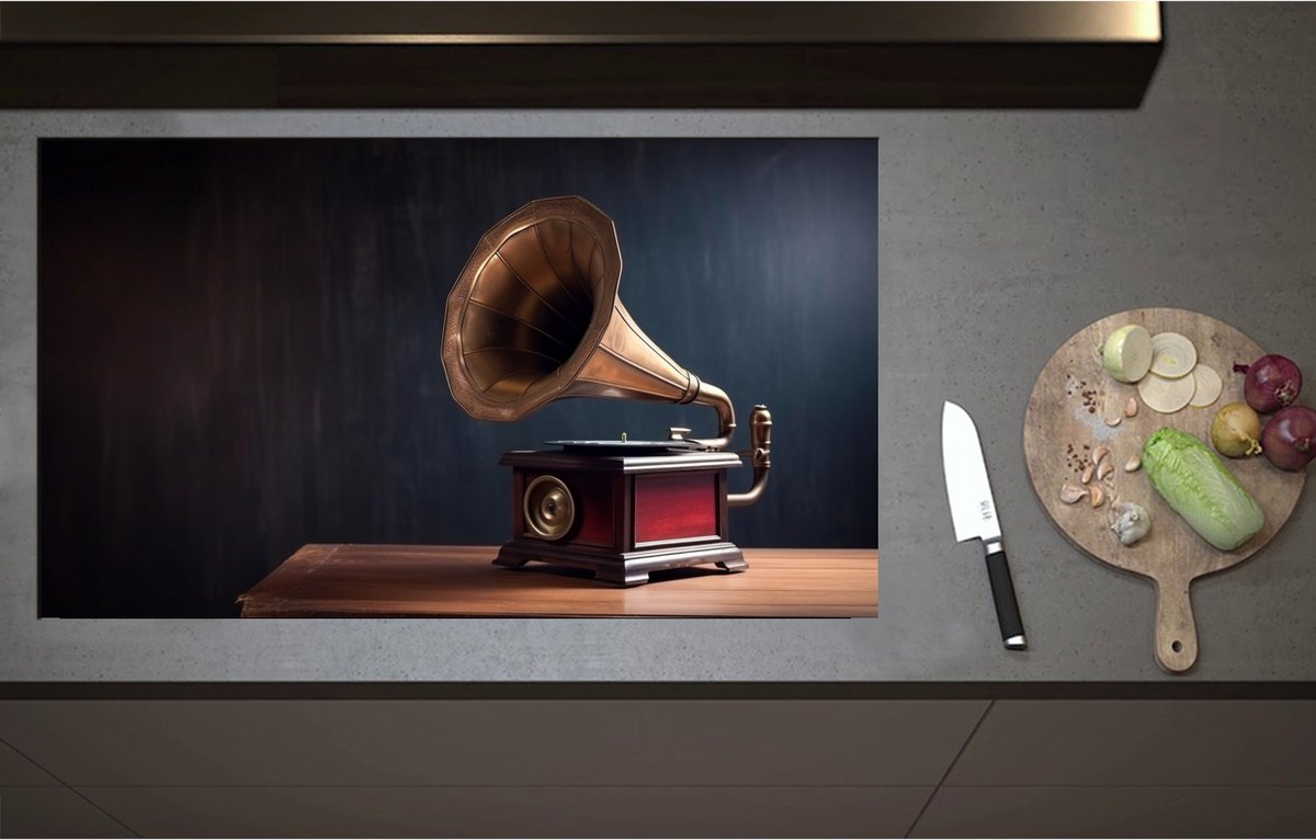 Inductieplaat Beschermer - Antieke Grammofoon op Kast - 95x55 cm - 2 mm Dik - Inductie Beschermer - Bescherming Inductiekookplaat - Kookplaat Beschermer van Wit Vinyl