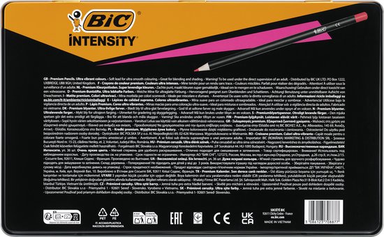 Zwart productverpakking met oranje en roze accenten, met de tekst 'BIC INTENSITY' en gedetailleerde productinformatie in meerdere talen.
