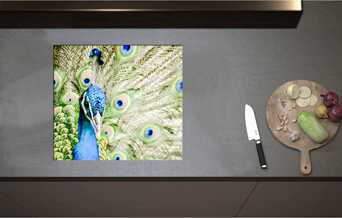 Inductieplaat Beschermer - Aankijkende Pauw met Deel van Opengeslagen Pauwenveren - 57x51 cm - 2 mm Dik - Inductie Beschermer - Bescherming Inductiekookplaat - Kookplaat Beschermer van Wit Vinyl