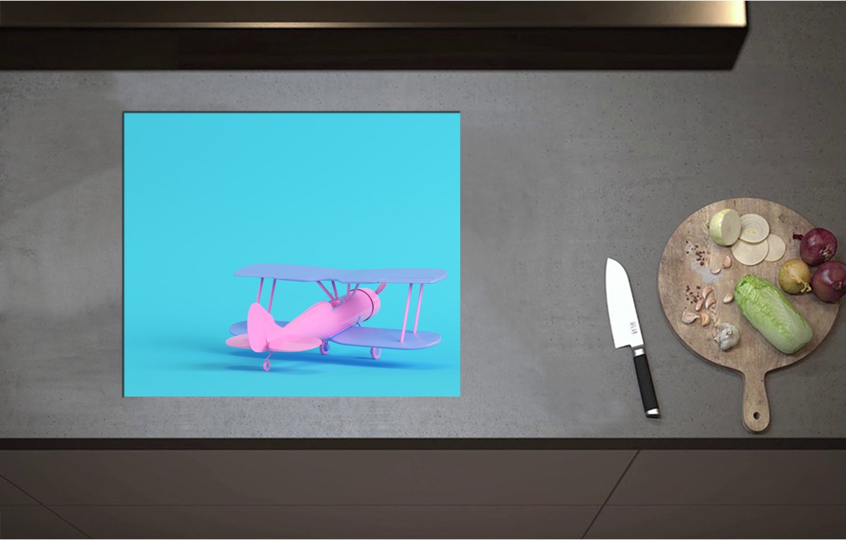 Inductieplaat Beschermer - Achteraanzicht van Roze Zweefvliegtuig tegen Felblauwe Achtergrond - 60x51 cm - 2 mm Dik - Inductie Beschermer - Bescherming Inductiekookplaat - Kookplaat Beschermer van Zwart Vinyl