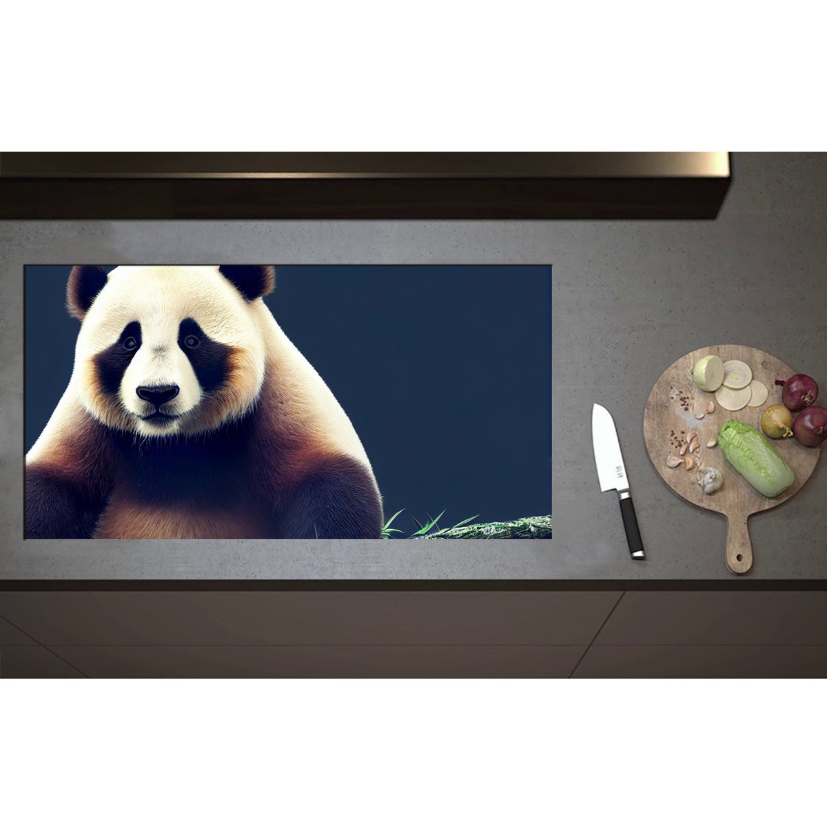 Inductieplaat Beschermer - Aankijkende Mollige Panda op Tak - 95x50 cm - 2 mm Dik - Inductie Beschermer - Bescherming Inductiekookplaat - Kookplaat Beschermer van Zwart Vinyl