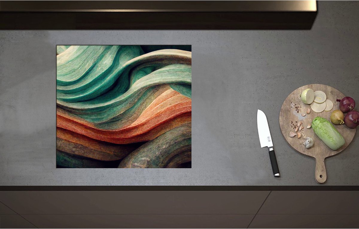 Inductieplaat Beschermer - Abstracte Golvende Vormen in Verschillende Kleuren - 57x52 cm - 2 mm Dik - Inductie Beschermer - Bescherming Inductiekookplaat - Kookplaat Beschermer van Wit Vinyl