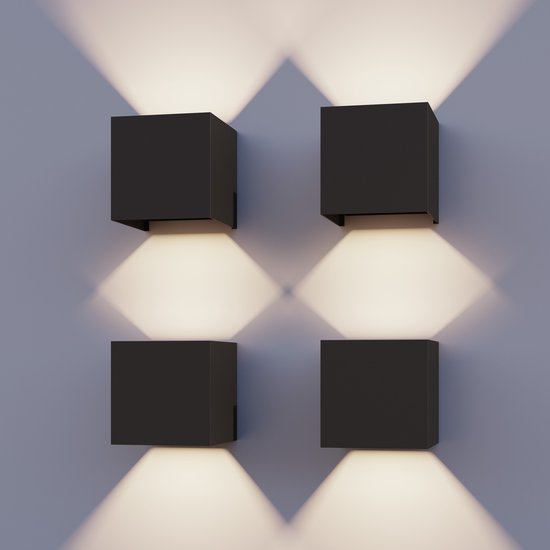 Calex LED Wandlamp Bari - 4 stuks - Kubus - Zwart - LED Up & Down - Verstelbare Stralingshoek - 7W - Tuinverlichting - Modern Design - Warm Wit Licht - Voor Binnen en Buiten