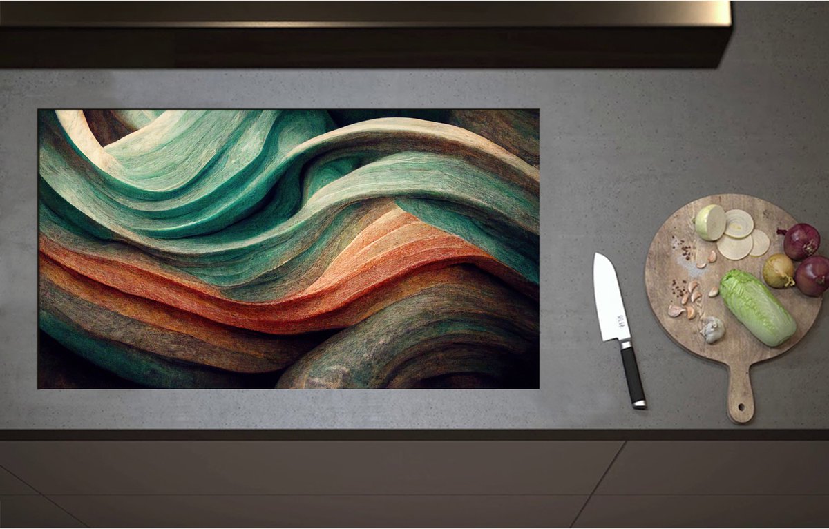 Inductieplaat Beschermer - Abstracte Golvende Vormen in Verschillende Kleuren - 90x51 cm - 2 mm Dik - Inductie Beschermer - Bescherming Inductiekookplaat - Kookplaat Beschermer van Zwart Vinyl