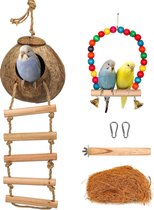 Natuurlijke kokosnootschaal, vogelnest met ladder, parkieten, speelgoed, vogel, accessoires, kanarie, nest, kokosnoot, slaapplaatsen, kokoszijde, zitstokken en schommel voor papegaaien, parkieten, (L)