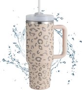 Tasse avec paille, couvercle et poignée, tasse à café de 1,2 litre, tasse de voyage, en acier inoxydable, tasse de voyage isolée sous vide, tasse à café de voiture, bouteille d'eau, thermos pour boissons glacées chaudes (Leopard Sakula