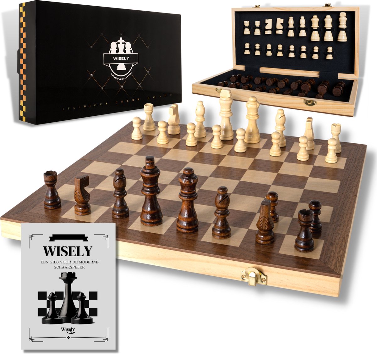 Wisely - Luxe Schaakspel - Schaakset XL - Schaken - Schaakbord Met Schaakstukken - Chess - Inclusief Boekje met Schaakstrategieën - Extra Koningin - Hout - Inklapbaar - 38cm bij 38cm - Wisely