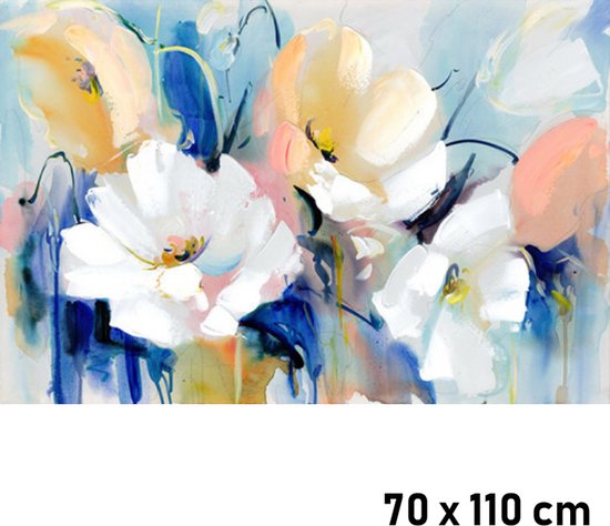 Allernieuwste.nl® Canvas Schilderij Bloemen Compositie in Blauw en Geel - Kunst aan je Muur - Modern - kleur - XL 70 x 110 cm