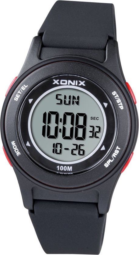 Xonix BBH-007A - Horloge - Digitaal - Heren - Mannen - Rond - Siliconen band - ABS - Cijfers - Achtergrondverlichting - Alarm - Start-Stop - Chronograaf - Tweede tijdzone - 12/24 - Waterdicht - Zwart - Rood - 10ATM