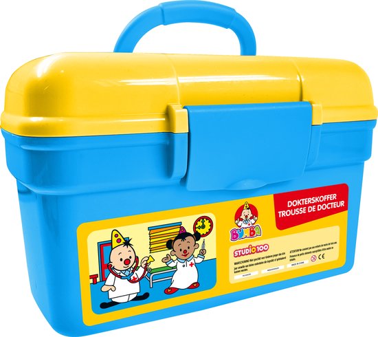 Blauwe dokterskoffer met gele deksel, met afbeeldingen van Bumba-personages en medisch speelgoed.