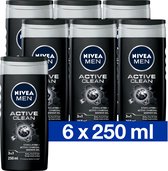 NIVEA MEN Active Clean Douchegel - Met natuurlijk actief houtskool - 3-in-1 formule - Voordeelverpakking 6 x 500 ml