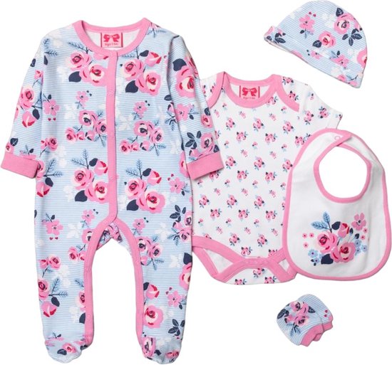 Mini Moi - Baby Geschenkset - 6-delig - Kledingset - Pink Roses - Layette - Maat 0-3 mnd - 62