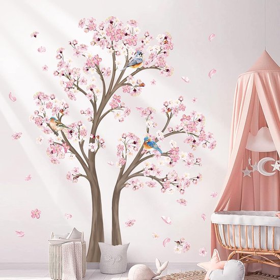 Grote Roze Kersenbloesem Boom Muurstickers voor Slaapkamer en Woonkamer - Prachtige Bloem Tak Muurtattoo voor Baby en Kinderkamer - Unieke Wanddecoratie met Boom (H: 151cm)
