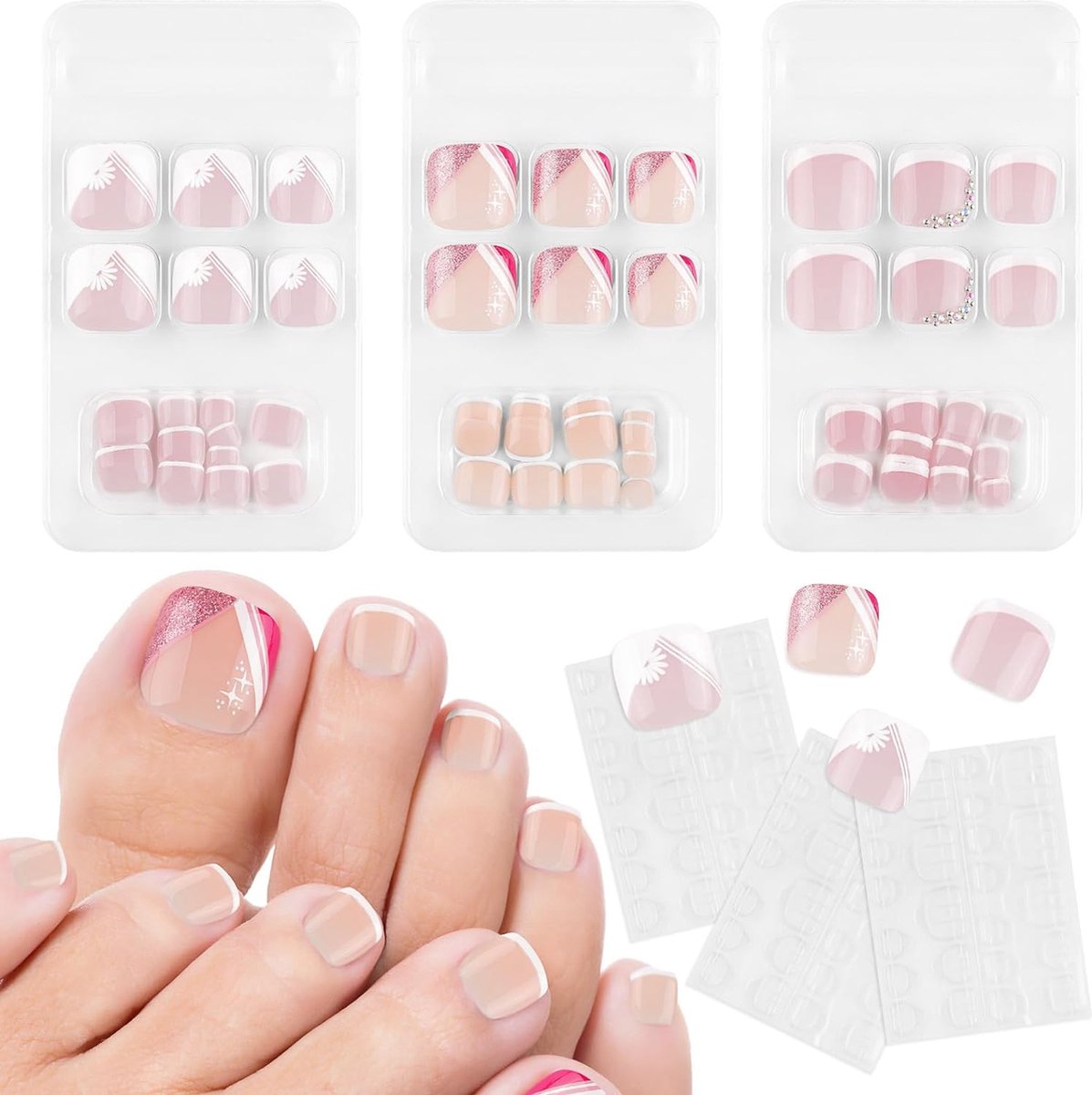 Goedkoopste 72 stuks Franse nepteennagels, roze en wit, Press-on valse teennagels, 3 stijlen, natuurlijke stick-on teennagels, vierkante korte volledige dekking, Franse tip teennagels met gelei-lijm voor