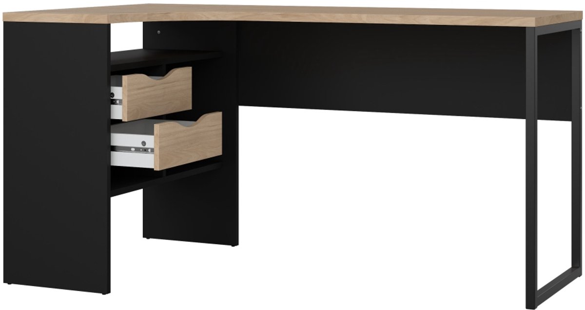 FunctionPlus bureau hoek 3 planken 2 laden okkernoot decor zwart mat.