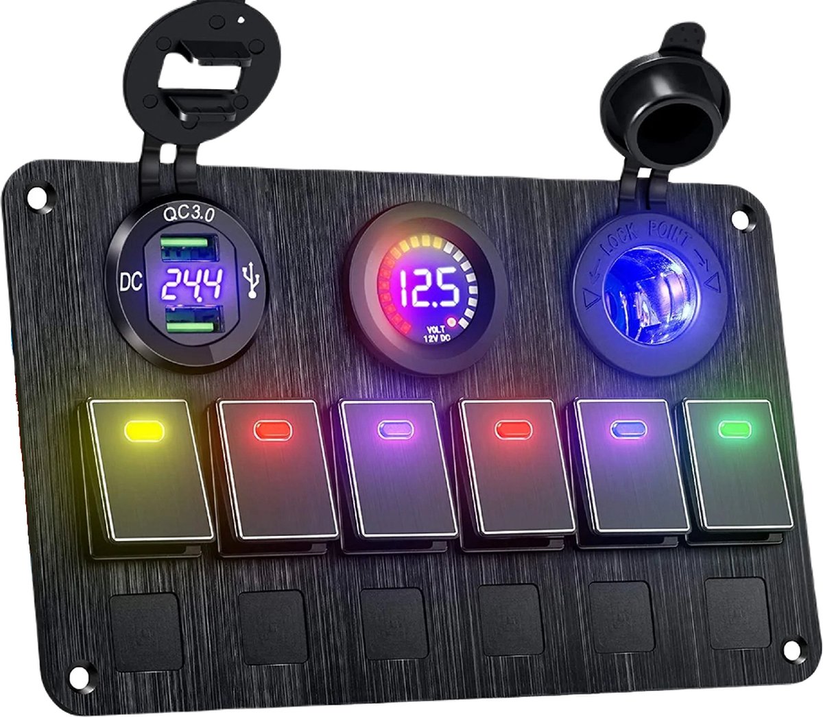 Luxe Waterdicht Schakelpaneel 12V - 6 Schakelaars met Zekeringen, Voltmeter, Dubbele USB & Aansteker - Ideaal voor Camper, Boot & Auto