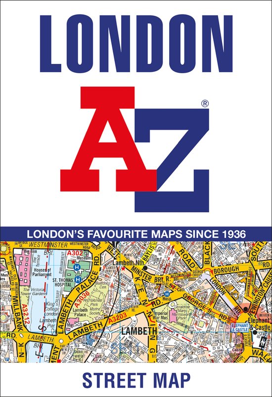 Straatkaart van Londen met de titel "LONDON A-Z" en "STREET MAP" in grote letters. Blauw, rood en wit.