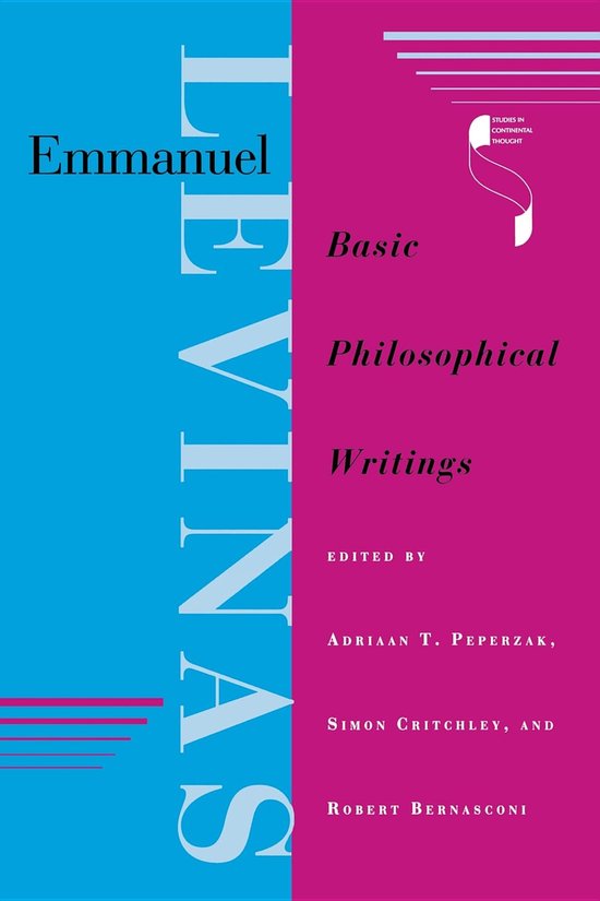 Boekcover: Emmanuel Levinas Basic Philosophical Writings. De cover is blauw en roze met witte tekst.