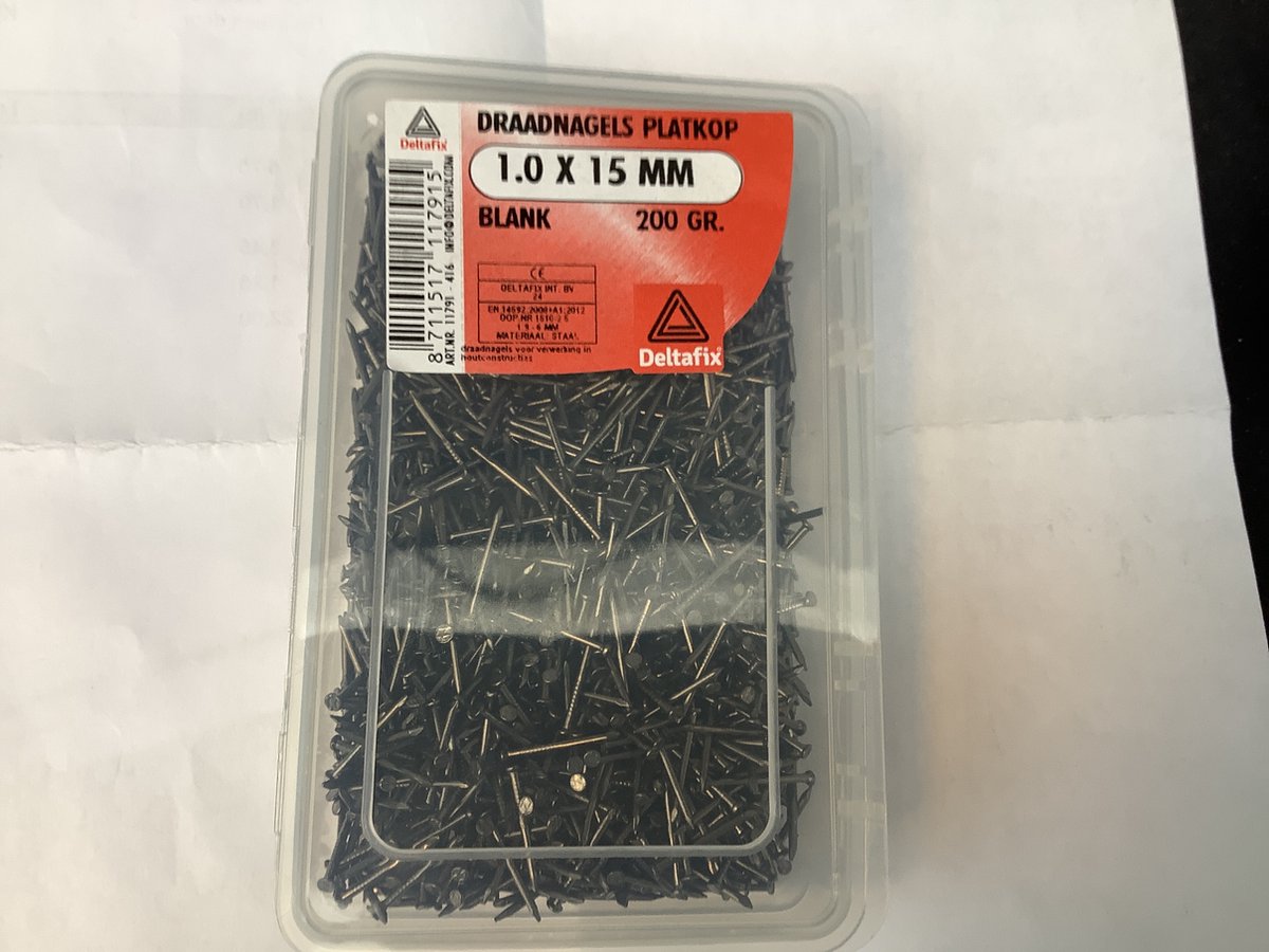 spijkers. platkop. blank. 1.0 x 15mm. lang. 200 gram. draadnagels. deltafix