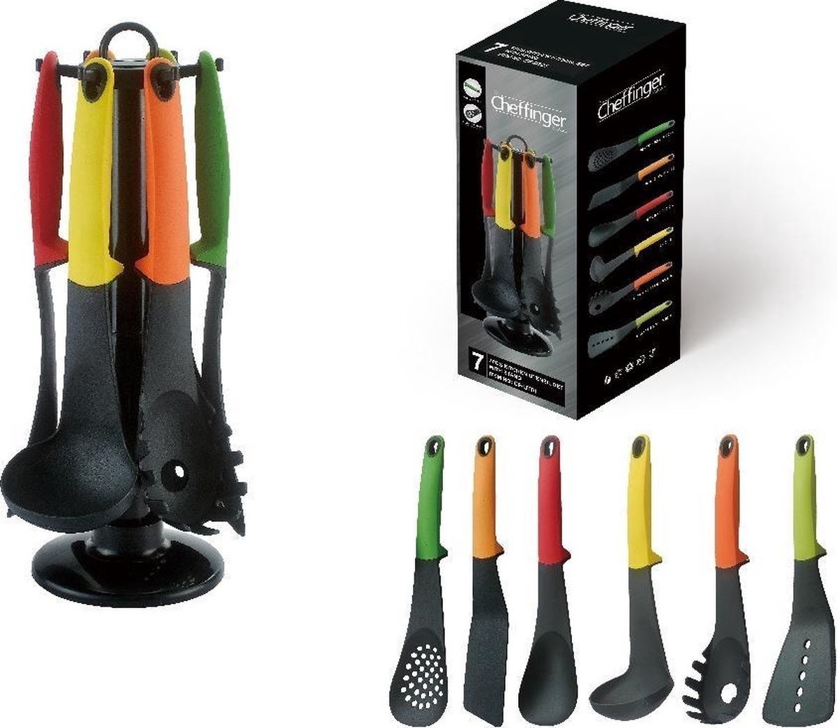 Cheffinger Keukengerei Set - 7-delig - Multi Kleur - 360° Draaibare Standaard - Kookgerei Set