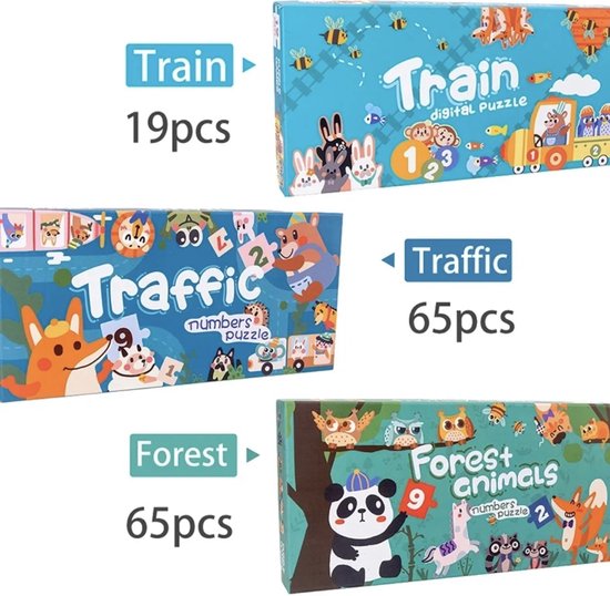 Productfoto met dozen van kinderpuzzels: 'Train digital puzzle', 'Traffic numbers puzzle' en 'Forest animals numbers puzzle'.