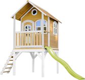 AXI Laura Playhouse Marron/blanc - Toboggan vert lime - Maisonnette Classic avec sol et échelle - Bois FSC - Équipement de jeu pour enfants