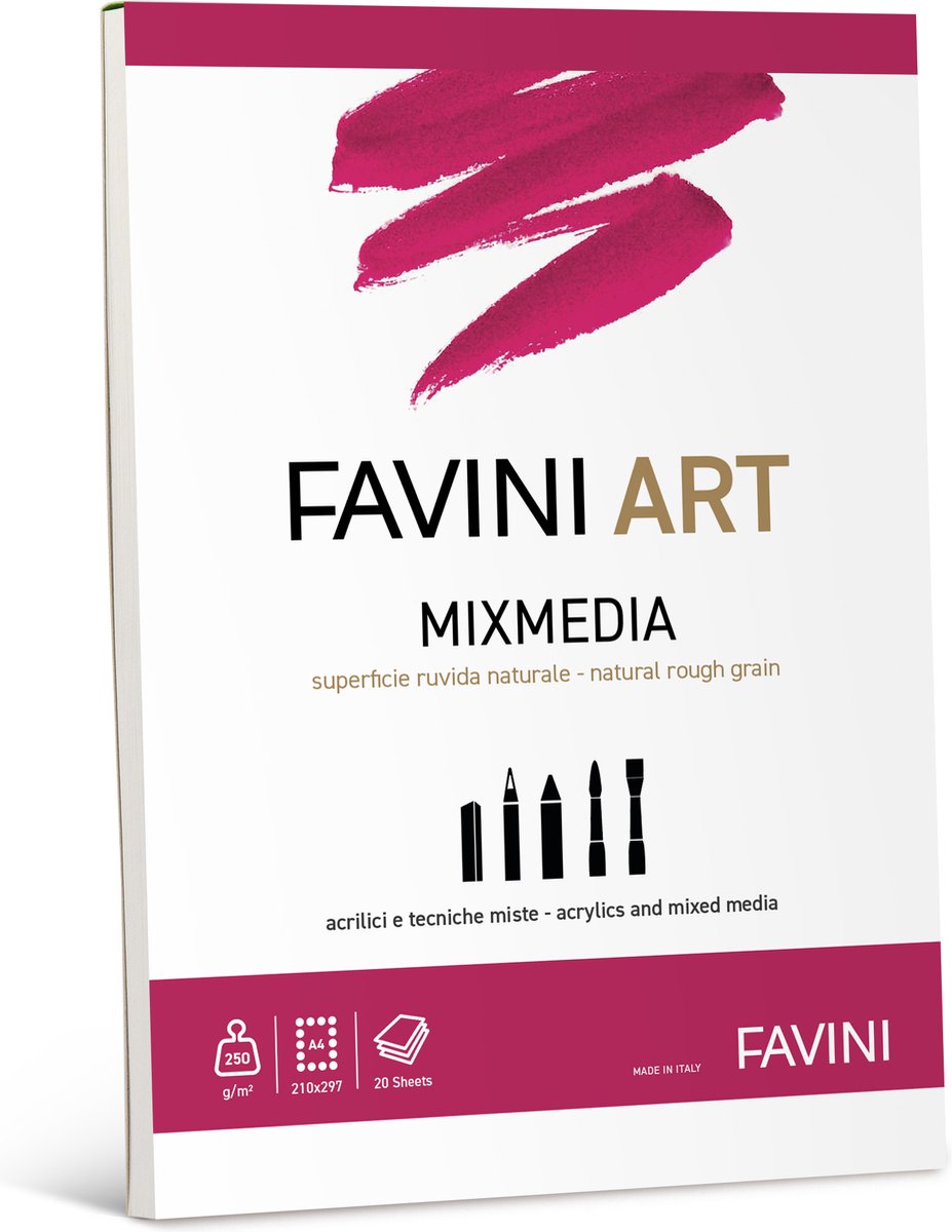 Favini® – 20 Vel Mix Media Papier A4 – Natuurlijk Wit – 250 g/m² – Grof Structuur – Voor Acryl, Gouache & Gemengde Technieken – FSC – Gemaakt in Italië