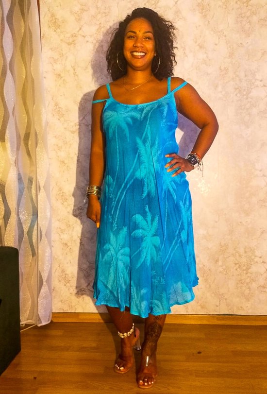 Dames jurk Nettie gebloemd motief turquoise blauw sky blue mystic maat 36-46 strandjurk