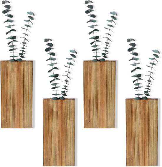 Bastix - Set van 4 houten wandplantenbakken voor gedroogde bloemen, wanddecoratie Houten zakwandvazen, hangende plantenbakken voor woonkamer, slaapkamer, woondecoratie