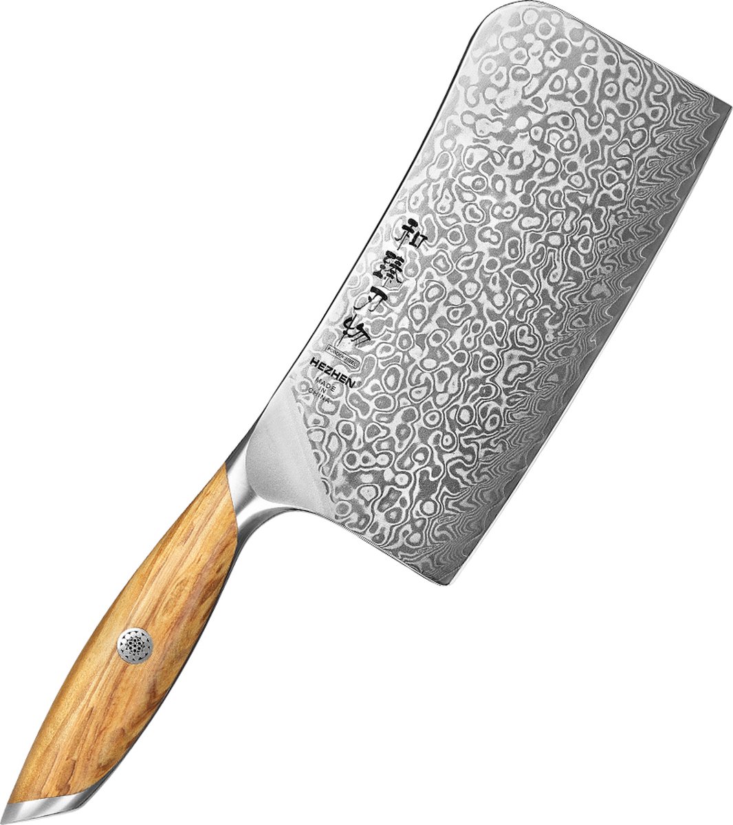 Hezhen X01 Flagship Series - Hakbijl (slagersmes) - Damascus Poederstaal (73 laags met kern van 14Cr14MoVNb) – Olijfhout – Professioneel vlijmscherp damastmes - Inclusief mooie geschenkdoos