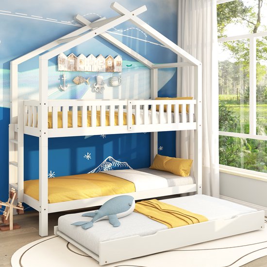Huisbed kinderbed - 90x200 cm - drie bedden - uitschuifbaar - ruimtebesparend ontwerp - wit