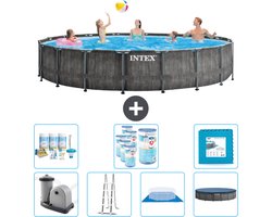 Intex Rond Prism Frame Greywood Zwembad - 549 x 122 cm - Inclusief Pomp - Ladder - Grondzeil - Afdekzeil Onderhoudspakket - Filters - Vloertegels