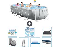 Intex Ovaal Prism Frame Zwembad - 610 x 305 x 122 cm - Grijs - Inclusief Pomp - Ladder - Grondzeil - Afdekzeil Onderhoudspakket - Filters - Solar Mat