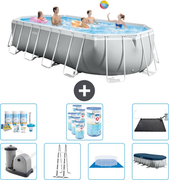 Intex Prism Frame ovaal zwembad met accessoires: grondzeil, afdekzeil, filterpomp, ladder, onderhoudspakket, solar mat.
