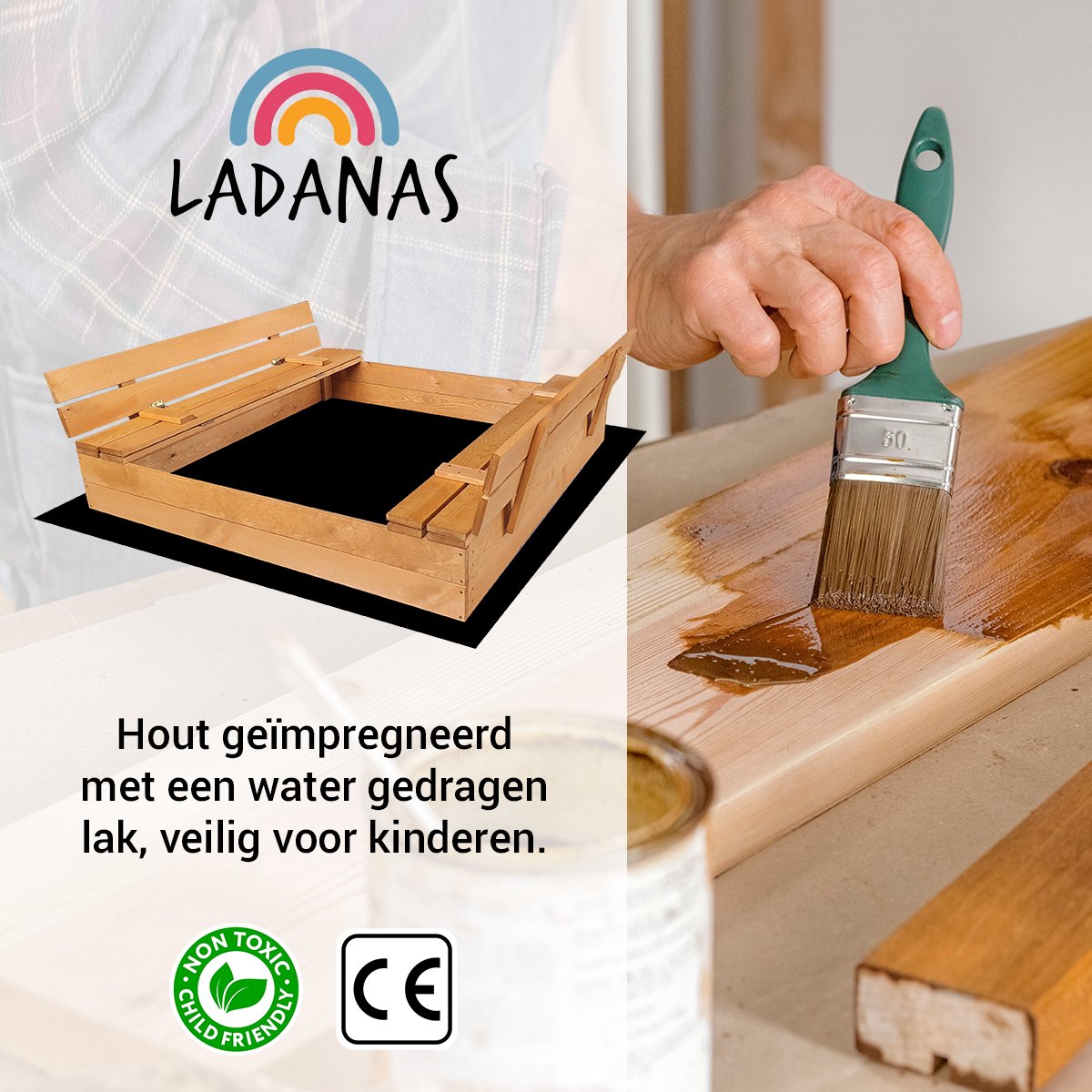 Afsluitbare XL Zandbak met Banken 140x140 cm – Gecertificeerd & Geïmpregneerd Hout | Incl. AFDEKZEIL & GRONDDOEK | Voor 2-3 Kinderen — afbeelding 10