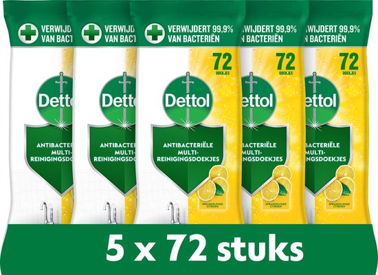 Foto: Dettol antibacteri le schoonmaakdoekjes sprankelende citroen 72 stuks 5 stuks voordeelverpakking