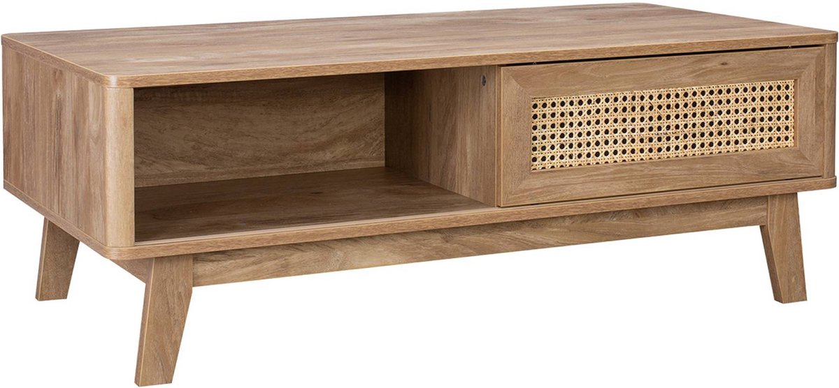 sweeek Salontafel met 2 vakken, 1 schuifdeur, hout- en rieteffect, eucalyptus poten Naturel