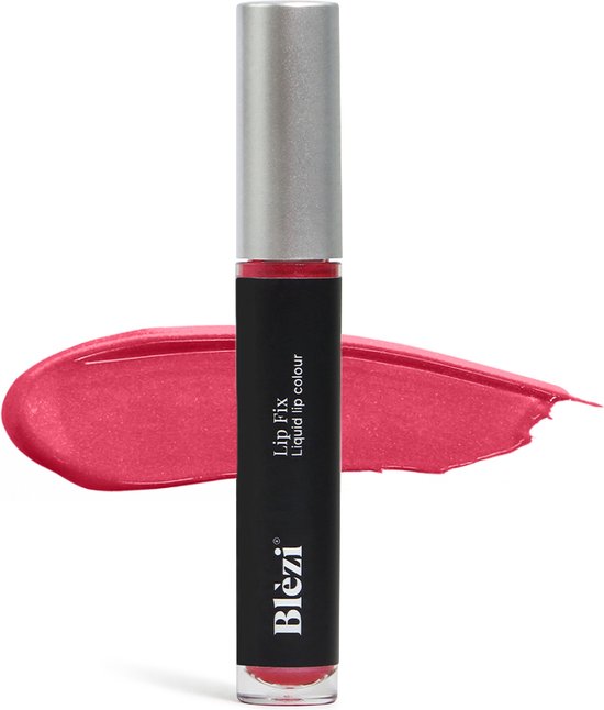 Blèzi Lip Fix vloeibare lippenstift, met een uitgestreken swatch van roze fuchsia lippenstift.