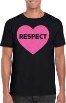 Bellatio Decorations Gay Pride T-shirt voor heren - respect - zwart - roze glitter hart - LHBTI XXL