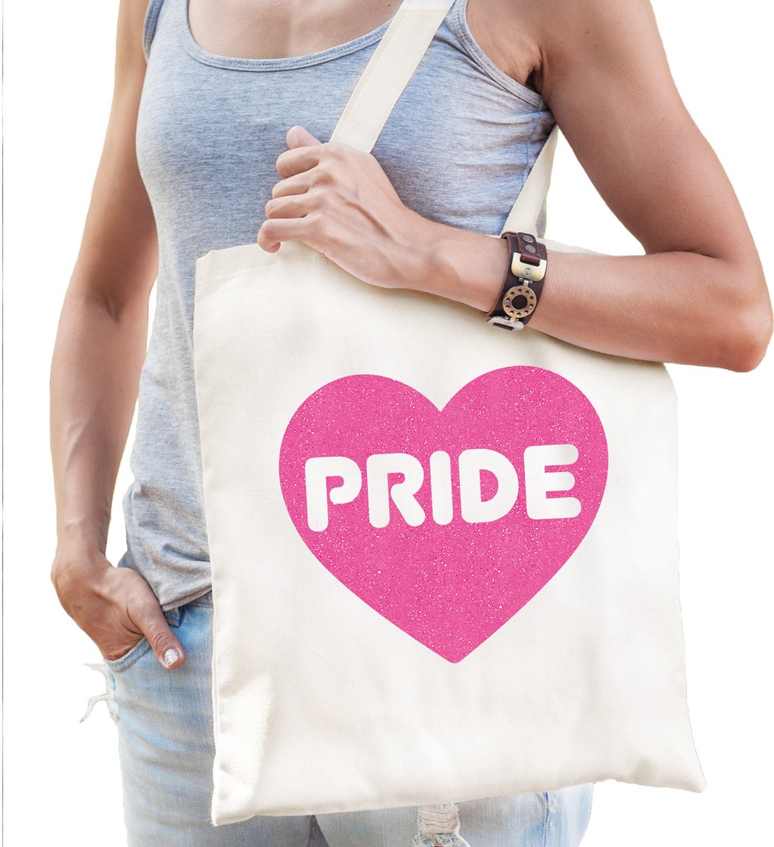 Bellatio Decorations Gay Pride tas dames - wit - katoen - 42 x 38 cm - roze glitter hart - LHBTI