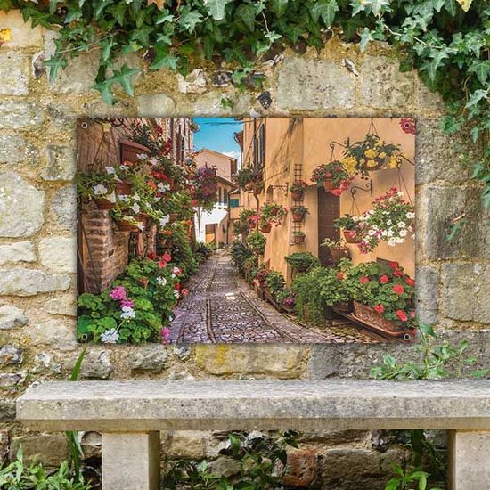 Een schilderachtige Italiaanse straat met kinderkopjes, omringd door stenen muren versierd met bloempotten en klimop.