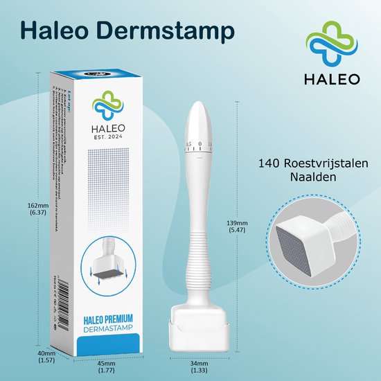 Haleo® Dermastamp - Derma Stamp - Dermarolling - Dermapen - Beter dan Derma Roller - 140 naalden - Verstelbaar van 0,3MM tot 3MM - Huid - Haargroei - Baardgroei - Dermastamp
