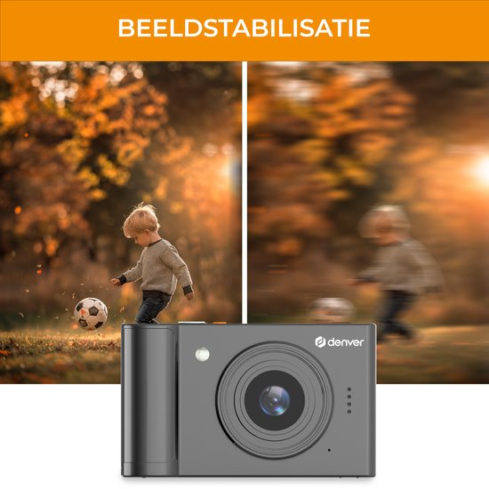 Grijze Denver camera met links een stilstaand kind met bal, rechts een wazig kind in beweging. Tekst: 'BEELDSTABILISATIE'.