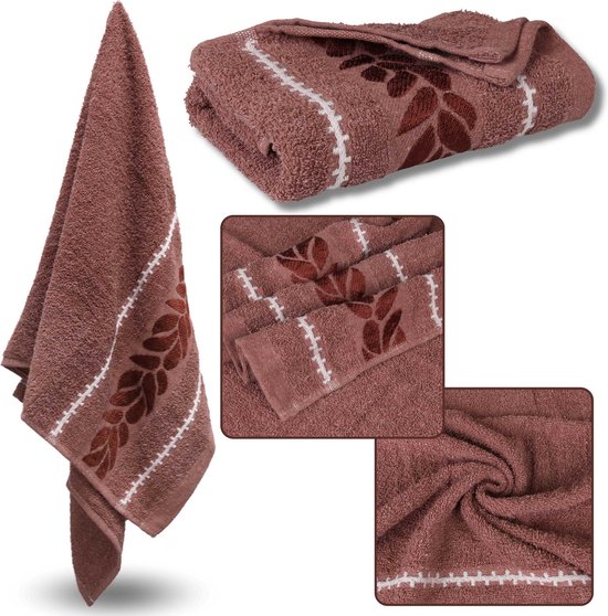 Koraalkleurige Katoenen Handdoek met Decoratief Borduursel, Bladeren 48x100 cm