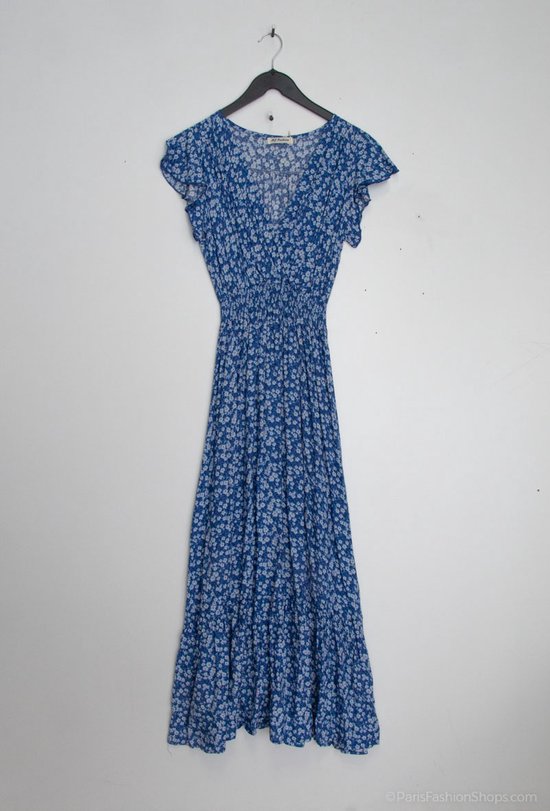 Lange dames maxi jurk Tess gebloemd motief blauw lichtblauw oranje donkerblauw strandjurk XS
