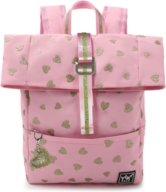 Foto: Ylx gear original rugzak voor kinderen roze gouden glitter hartjes gemaakt van gerecycled plastic meisjes schooltas roze glitter hartjes