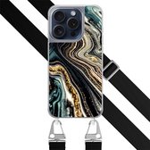Hoesje met zwart koord - Geschikt voor iPhone 15 Pro - Marmer swirl - Verstelbaar & verwisselbaar koord - TPU backcover - Multi - Leuke Telefoonhoesjes
