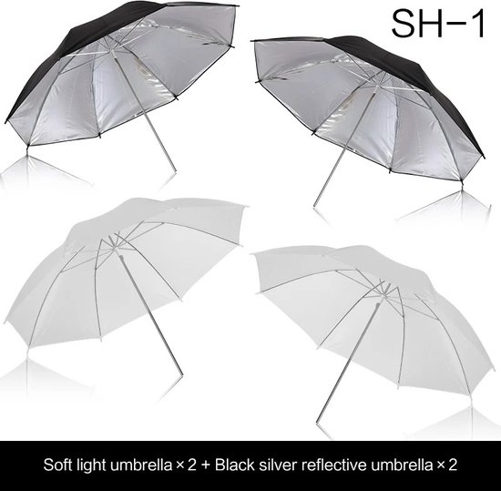 Shenna Commerce - Flits Paraplu - 57 x 88cm - Zwart Zilver - Fotografie Foto - Lamp Flash Verlichting Accessoires - Wit