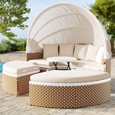 Sweiko Tuin Lounge fauteuil set, zonneeiland, rotan tuin tafel en stoelen set, Shell tuin lounge fauteuil bed, uitschuifbare luifel, liftable tafelblad, beige, inclusief alle kussens en zitkussens