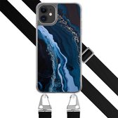 Hoesje met zwart koord - Geschikt voor iPhone 11 - Marmer lagoon blauw - Verstelbaar & verwisselbaar koord - TPU backcover - Blauw - Leuke Telefoonhoesjes